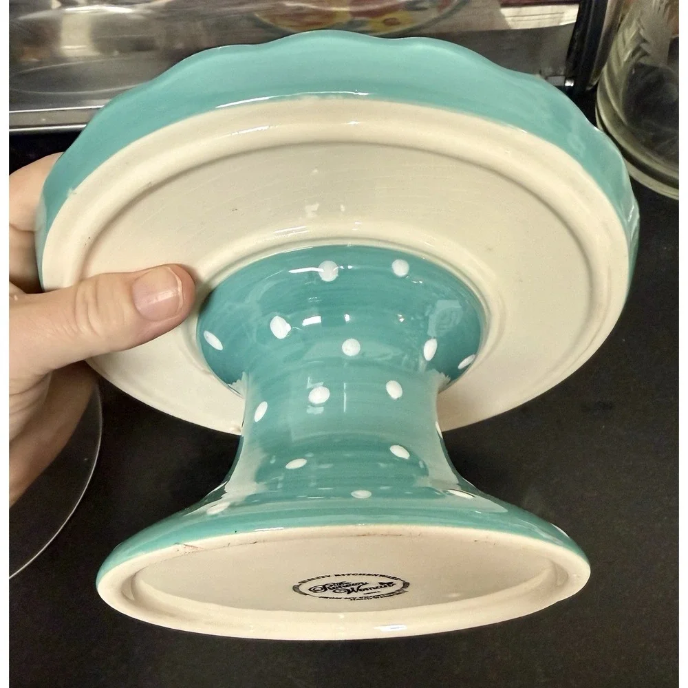 Pioneer Woman Ceramic Cup Cake Stand & Glass Cover Polka Dots and Floral Pattern